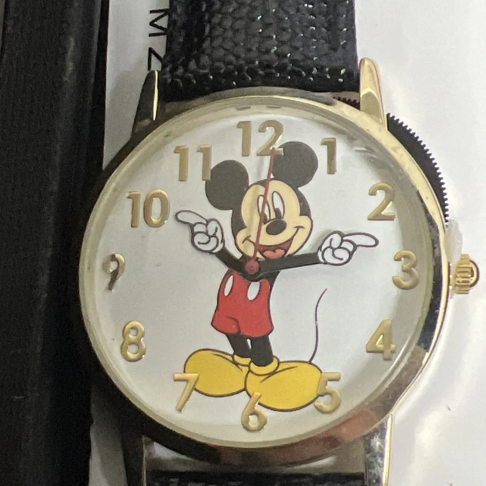 Disney Mickey Mouse Watch M.Z. Berger Japan Movt Black Gold Tone 361 Boxed
